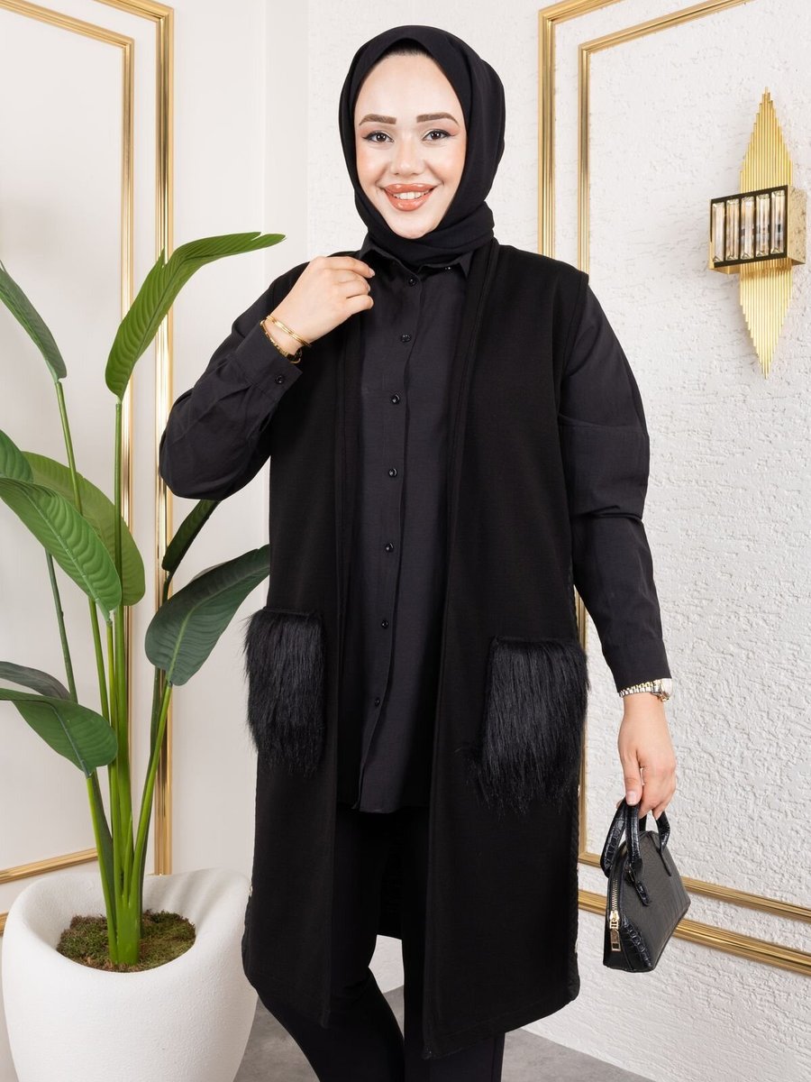 SFG Life Moda Siyah Uzun Kürklü Cepli Yelek