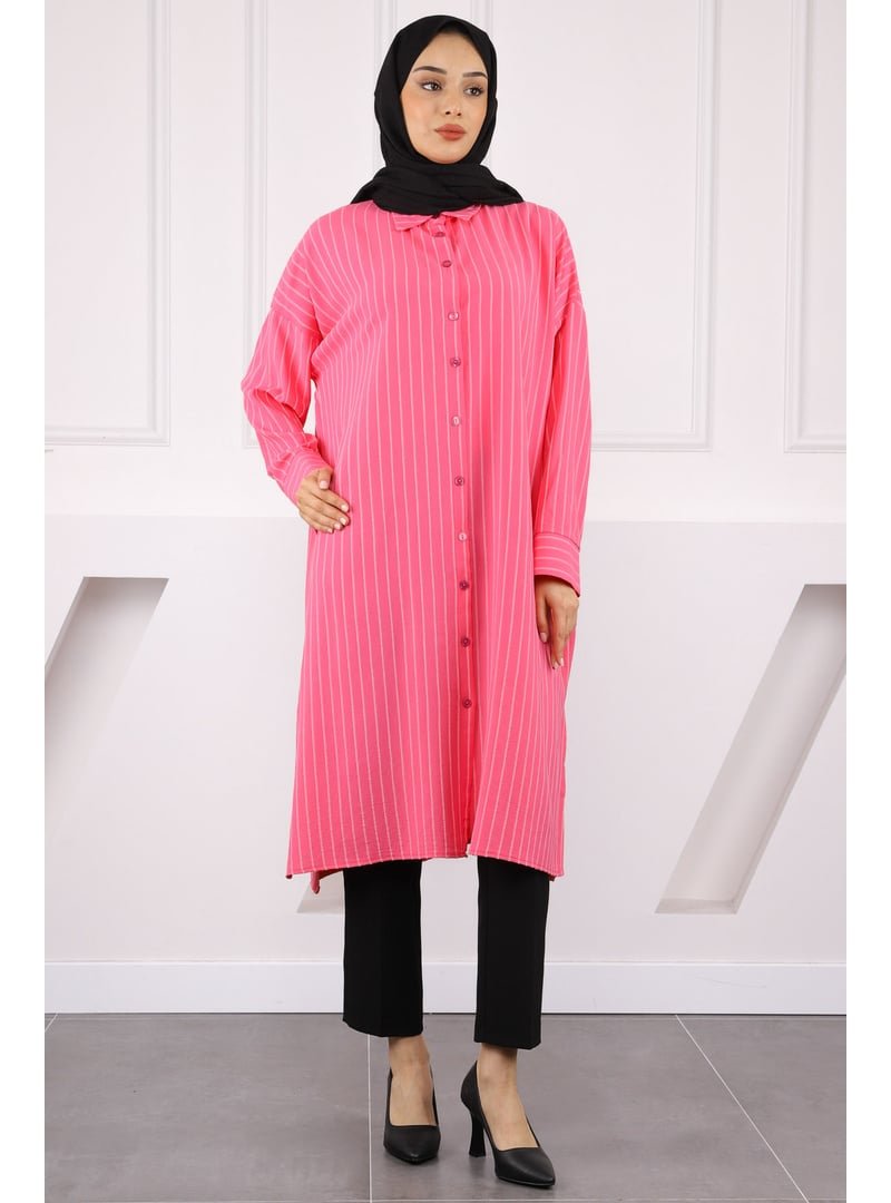 İmaj Butik Pembe Çizgili Yırtmaçlı Tunik