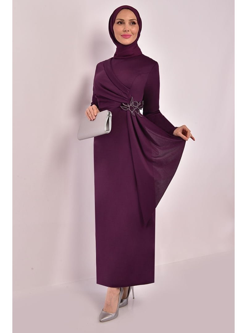 AYŞE MELEK TASARIM Giyim Moda Kemeri Taşlı Asimetrik Kalem Abiye Elbise Mürdüm