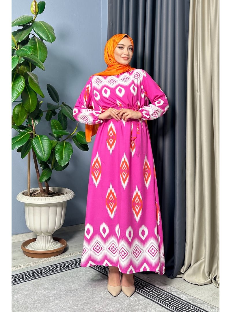 Liz Butik Fuşya Dubai Desenli Elbise