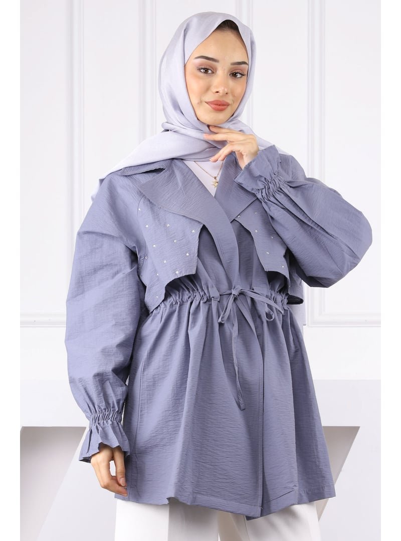 İmaj Butik Gri Kruvaze Yaka Önü Taşlı Ceket