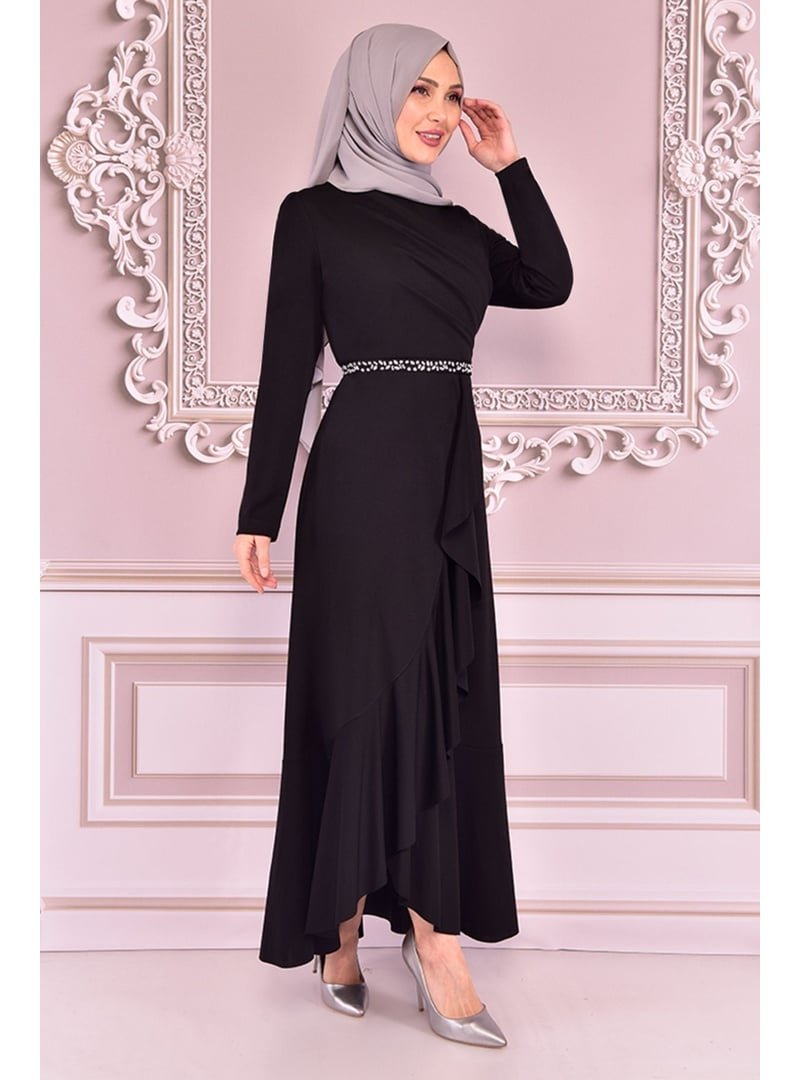 AYŞE MELEK TASARIM Giyim Moda Eteği Volanlı Kemeri Taşlı Abiye Elbise Siyah