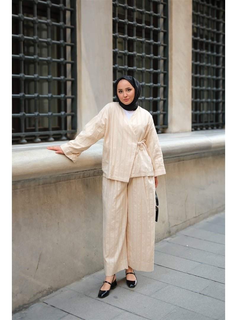 Locco Moda Krem Badem Dikişli Kimono Takım