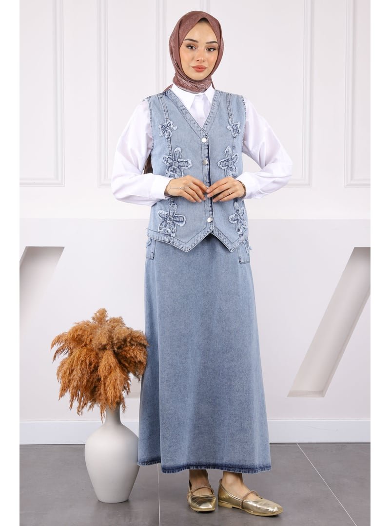 İmaj Butik Mavi Çiçek Nakışlı Yelek Etekli Kot Takım