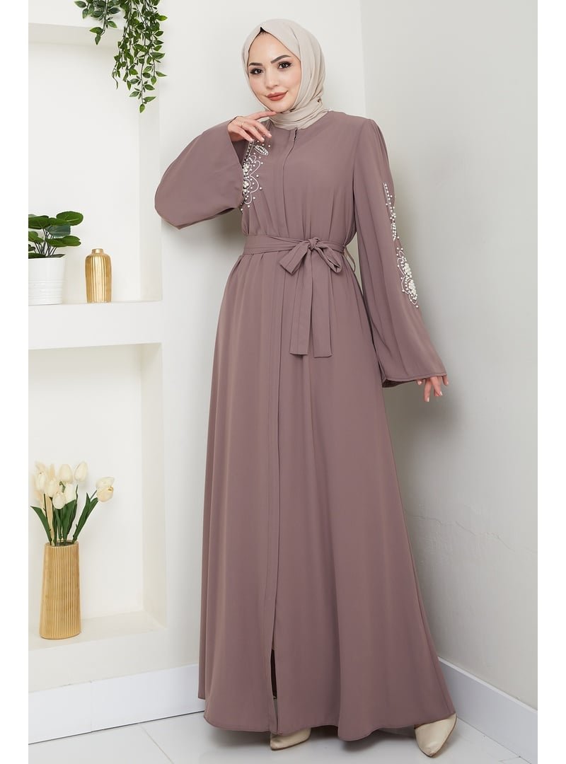 InStyle Beyaz İncili Kahverengi Ferace