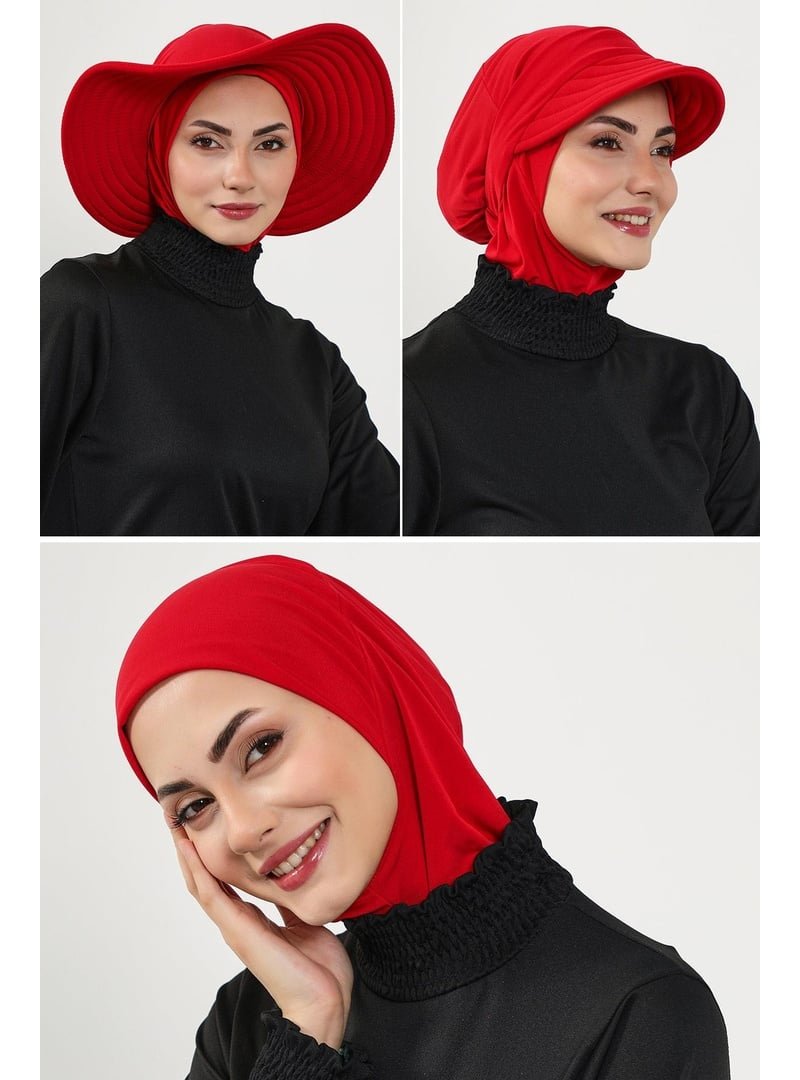 Aisha`s Design 1sn Kırmızı 3'lü Bone,siperlik Ve Şapka Seti (deniz,havuz) Yüzücü Bonesi,st 1sn,st