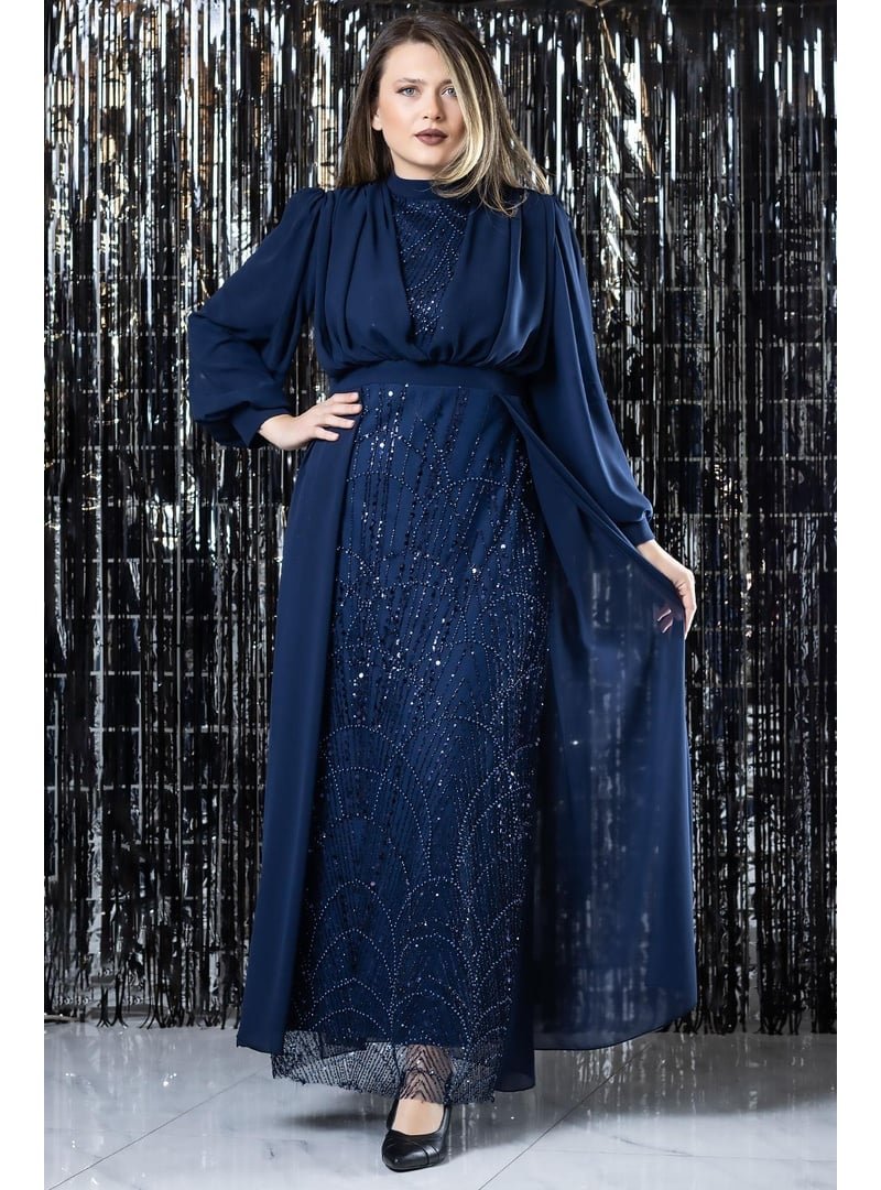 MFA Moda Lacivert İşleme Detaylı Şifon Abiye Elbise