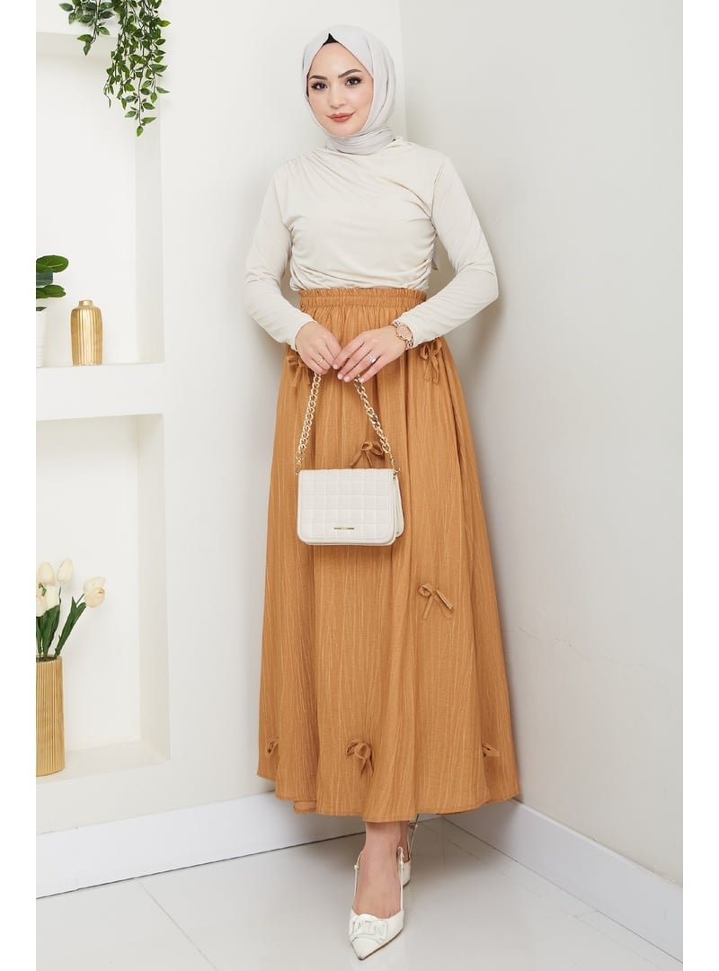 InStyle Fiyonk Detay Beli Lastikli Camel Etek