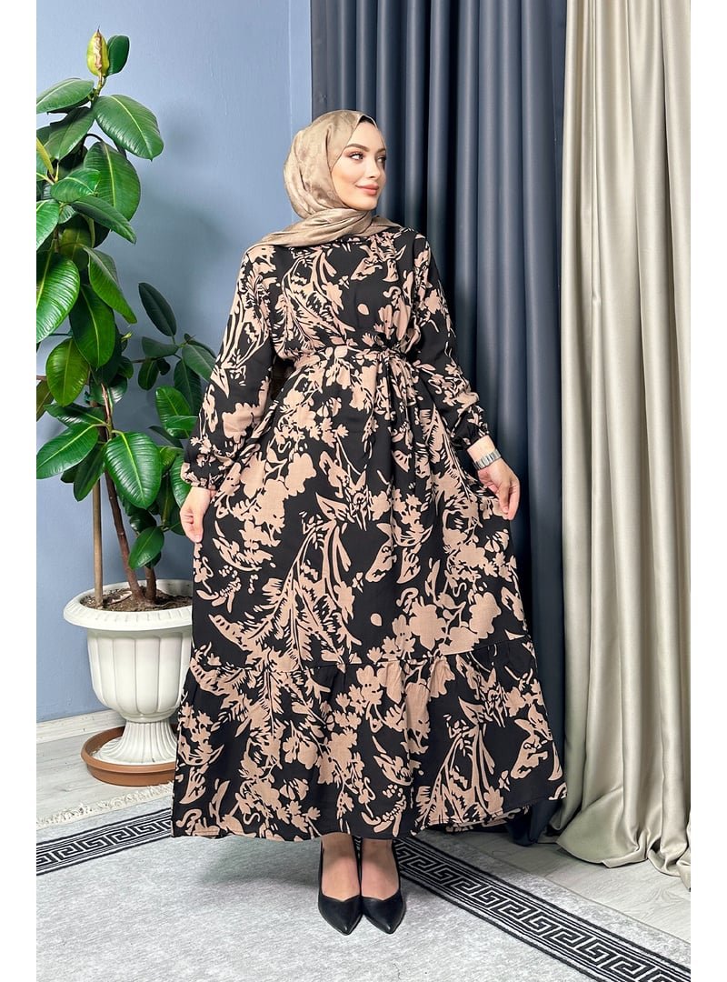 Liz Butik Kahverengi Hera Desenli Elbise