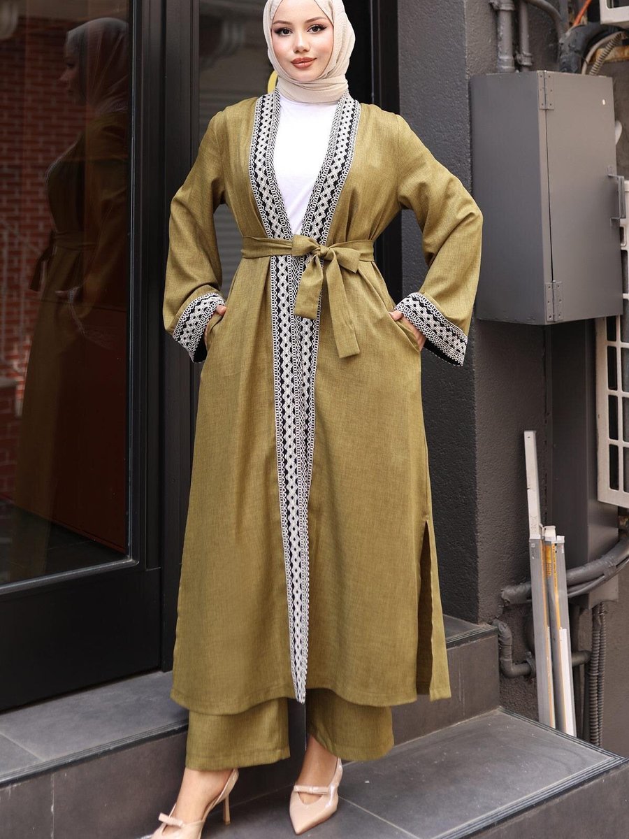 Modamihram Haki Etnik Desenli Kimono Takım