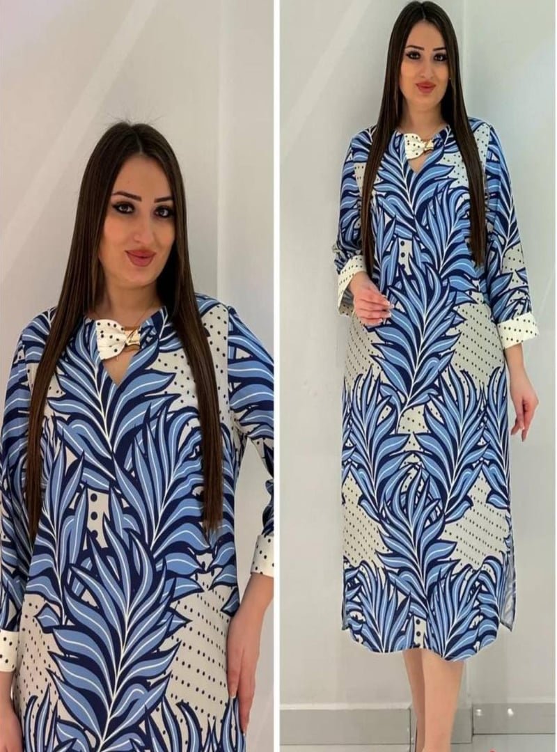 De White`s Mavi Büyük Beden Empirme Ve Yakası Aksesuarlı Elbise