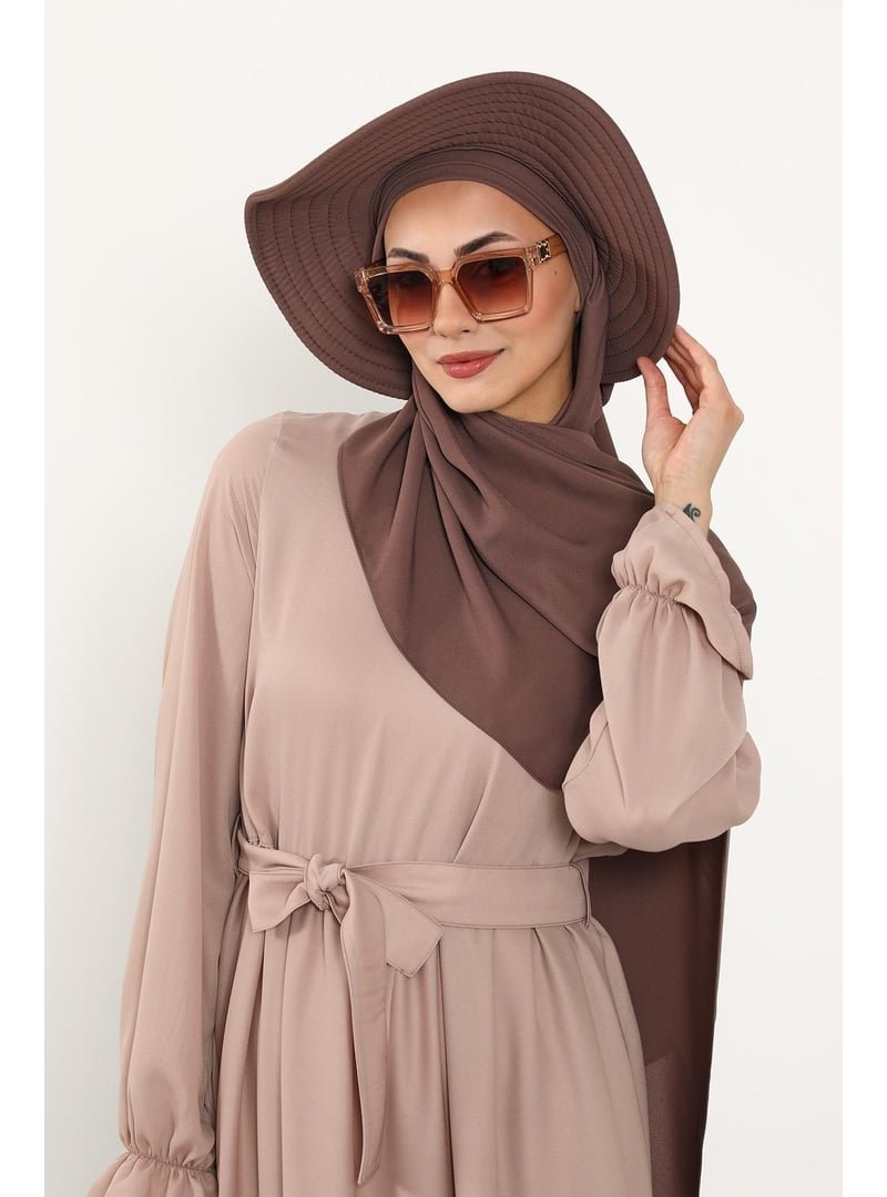Aisha`s Design Çikolata Çıkarılabilir Arkası Fiyonklu Şapkalı Pratik Krep Şal Türban,ss