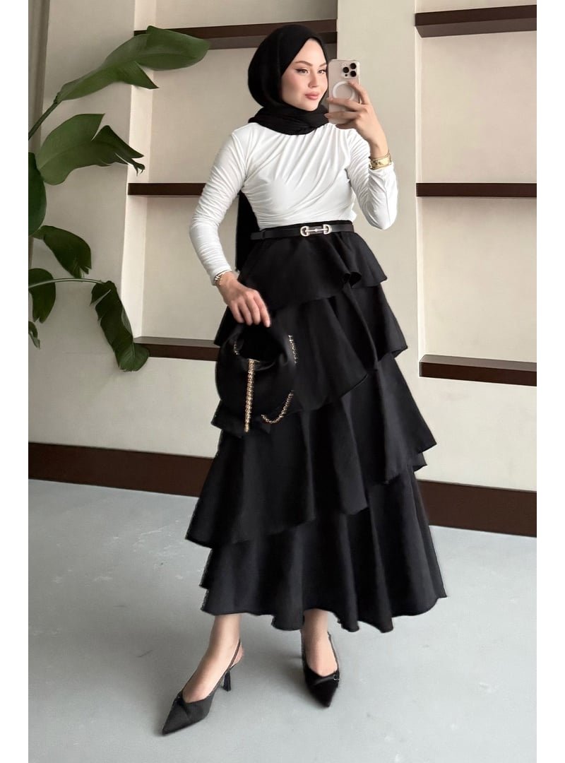 InStyle Siyah Fırfırlı Kat Kat Uzun Etek