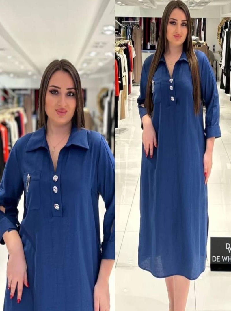 De White`s Büyük Beden Göğüs Kısmı Cepli Ve Aksesuar Detaylı Elbise İndigo