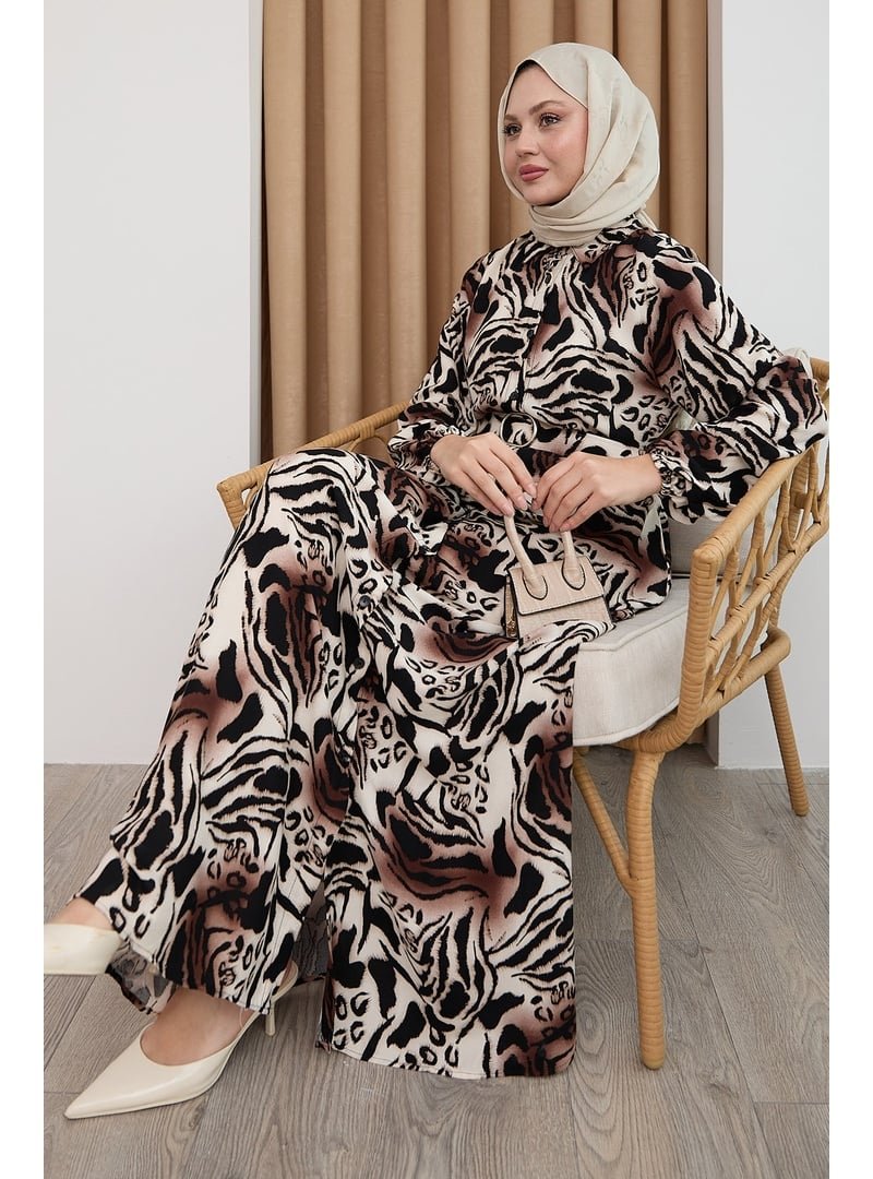 InStyle Zebra Desen Kahverengi Viskon Elbise