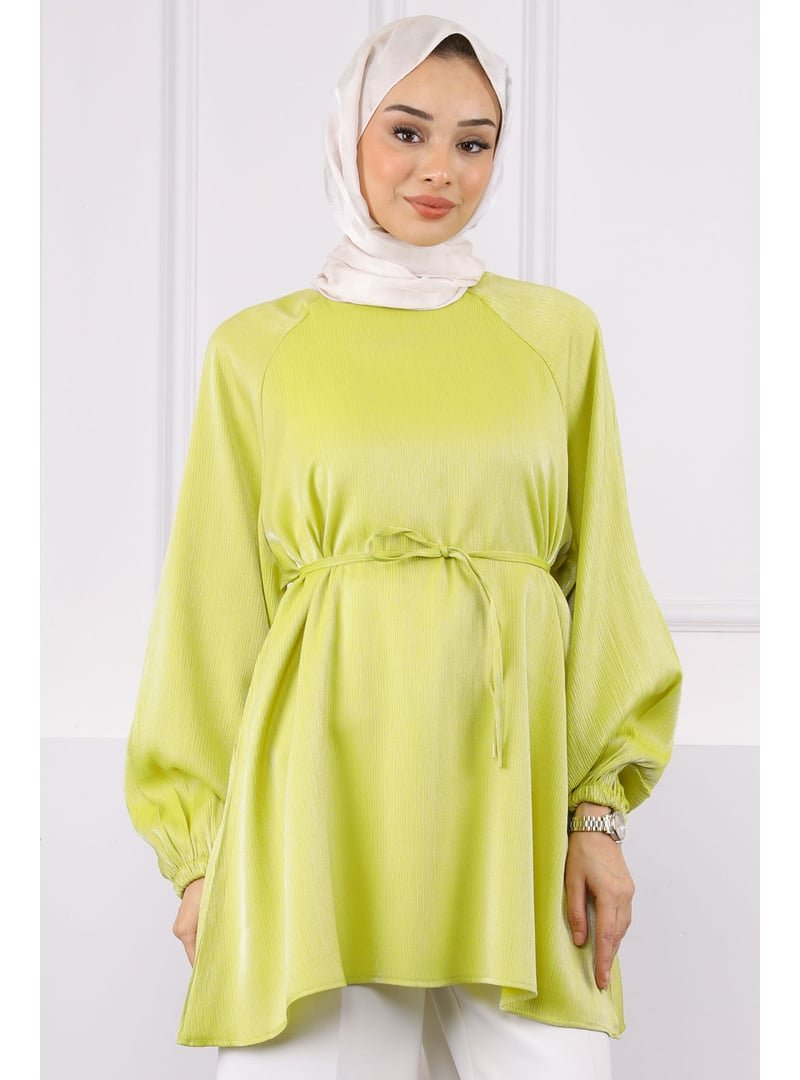 İmaj Butik Fıstık Yeşili Bel Kuşaklı Parlak Tunik