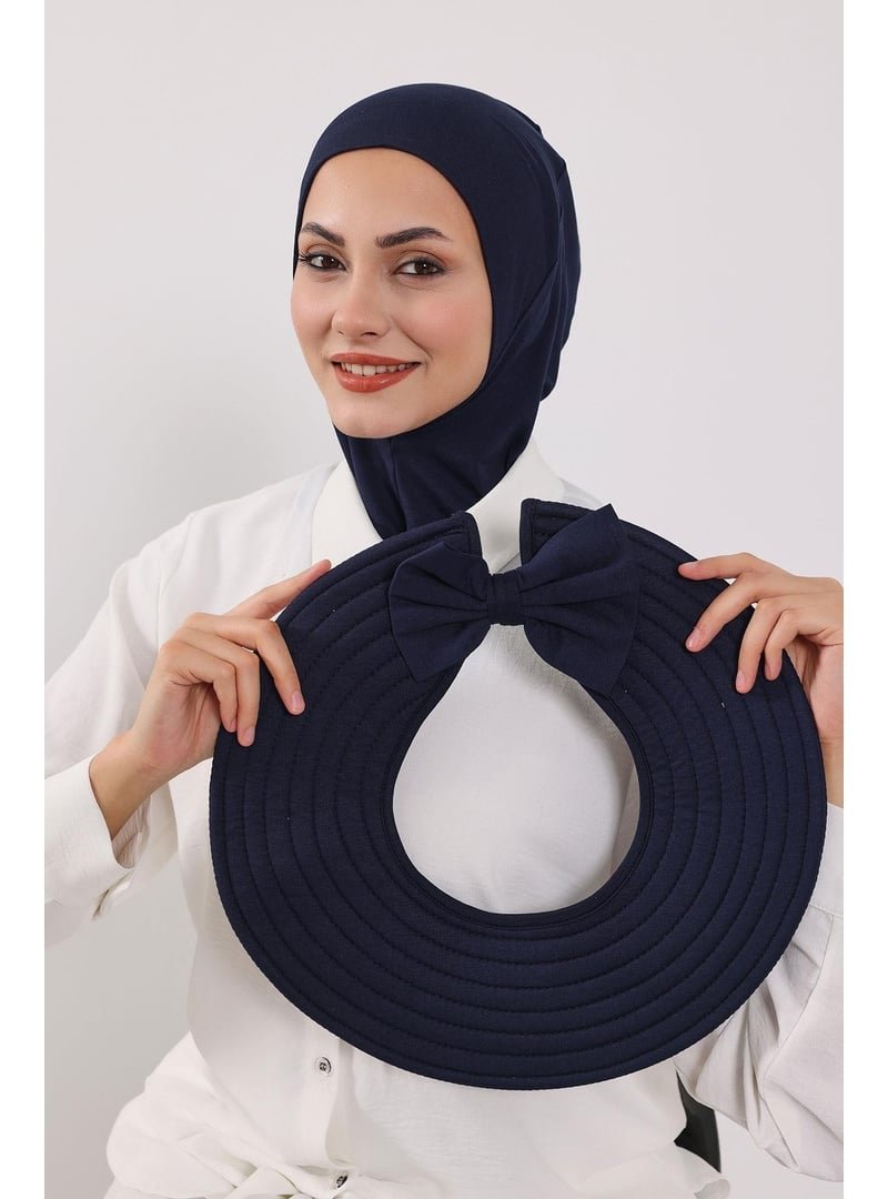 Aisha`s Design Lacivert Türban Üzeri Penye Pratik Tak Çık Fiyonklu Şapka,sp 4,sp