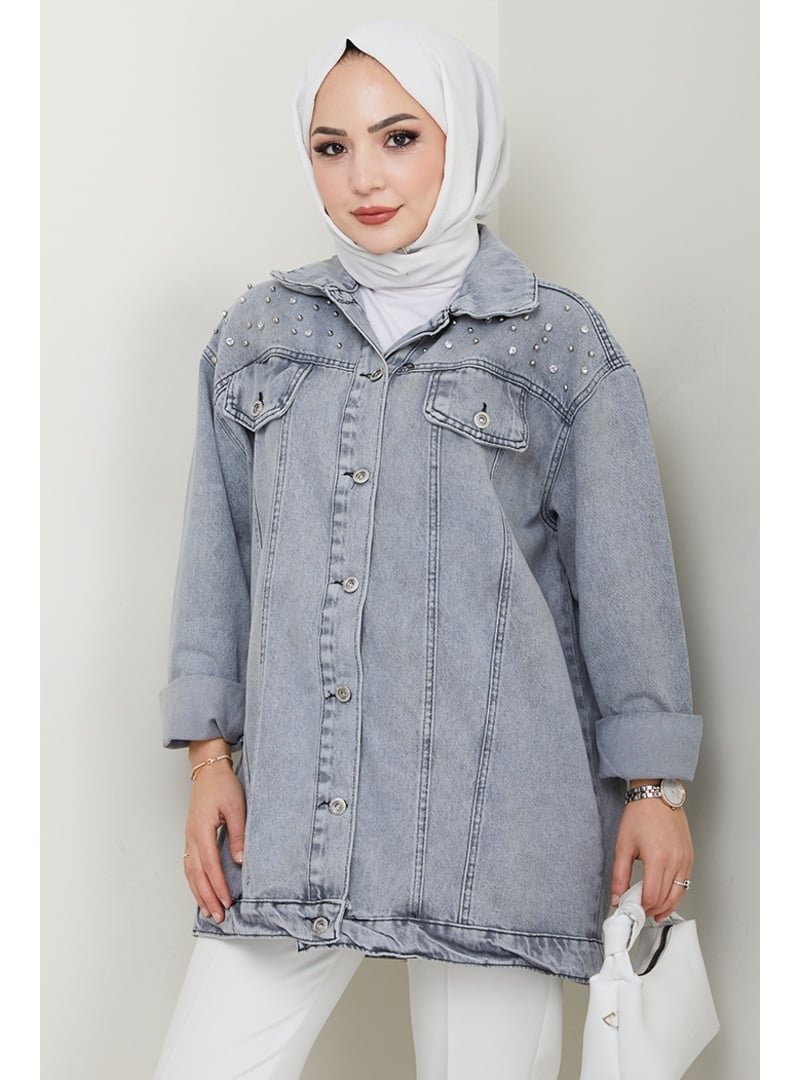 Bestenur Gri Elyez Taşlı Kot Ceket