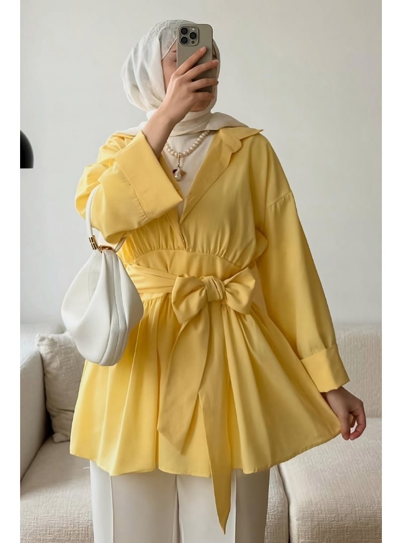 Salih Çelebi Sarı Kimono Kol Fiyonklu Tunik