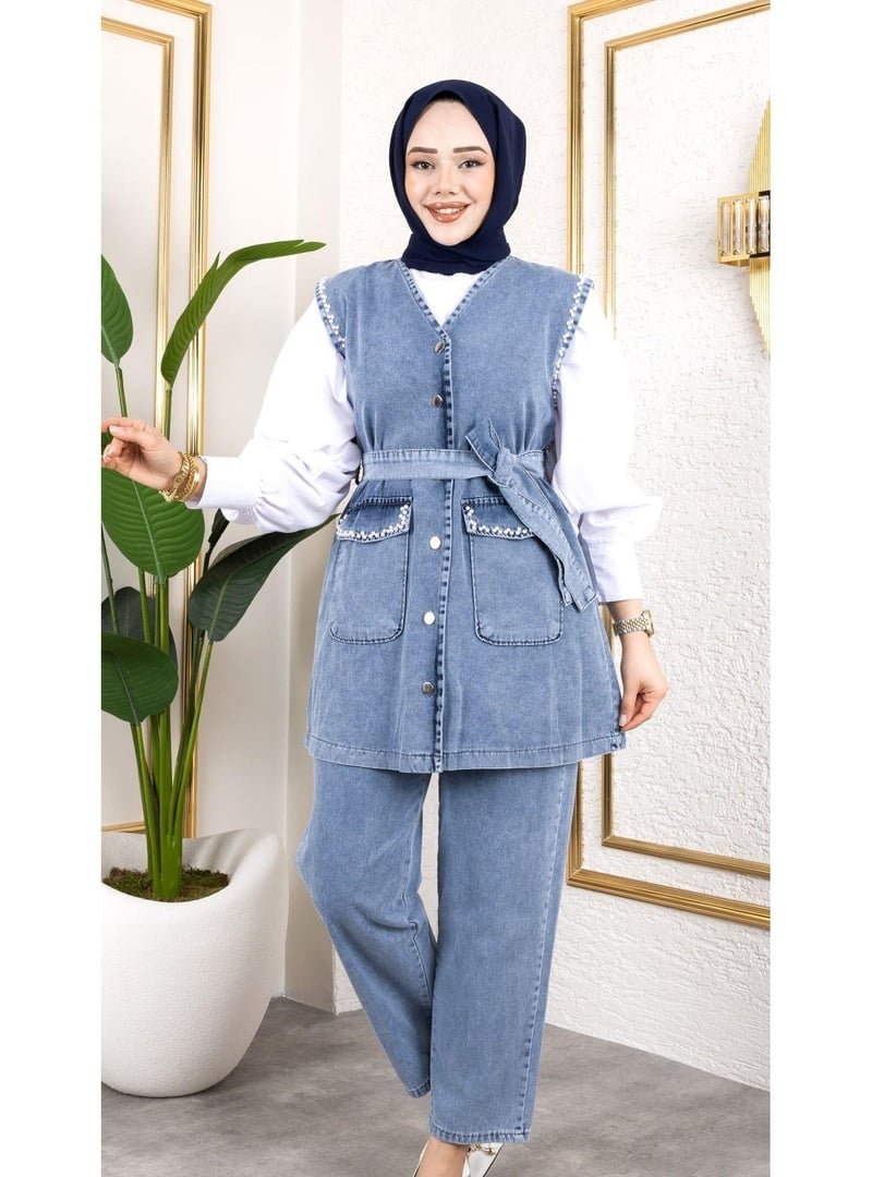 Harmatime butik Pantolon 2li Takım Boncuk İşlemeli Kuşaklı Yelek