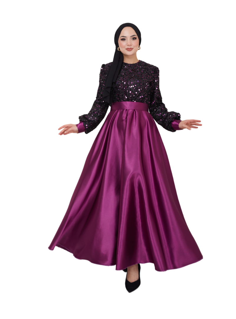 AYŞE MELEK TASARIM Giyim Moda Pul Detaylı Saten Abiye Elbise Mor