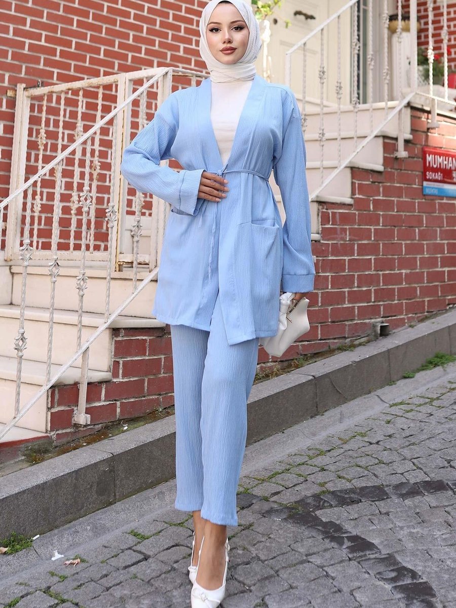 Misskayle Cep Detaylı Bebe Mavisi Kimono Takım