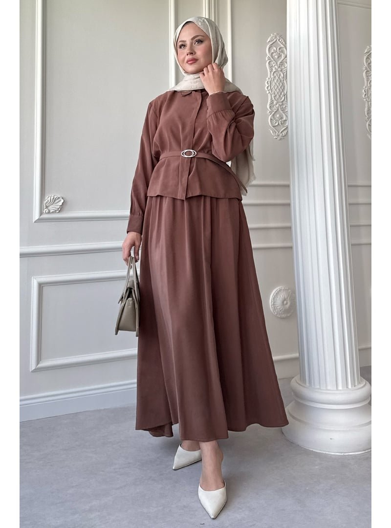 InStyle İnce Kemerli Etekli Kahverengi Takım