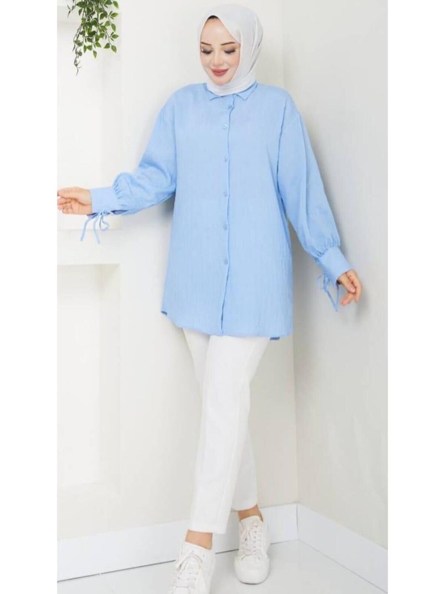 Nergis Neva Butik Mavi Kendinden Çizgili Tunik