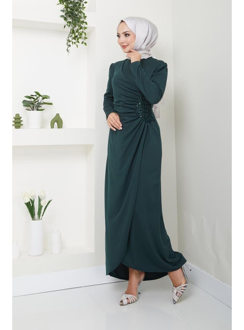 AYŞE MELEK TASARIM Giyim Moda Pullu Uzun Abiye Elbise Yeşil