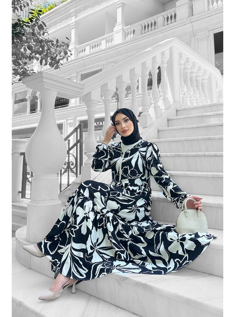 Liz Butik Siyah Yonca Desenli Elbise