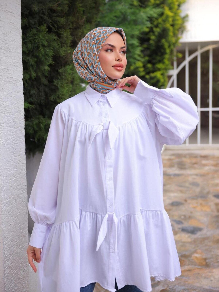 Nergis Neva Butik Beyaz Şık Fiyonklu Salaş Tunik