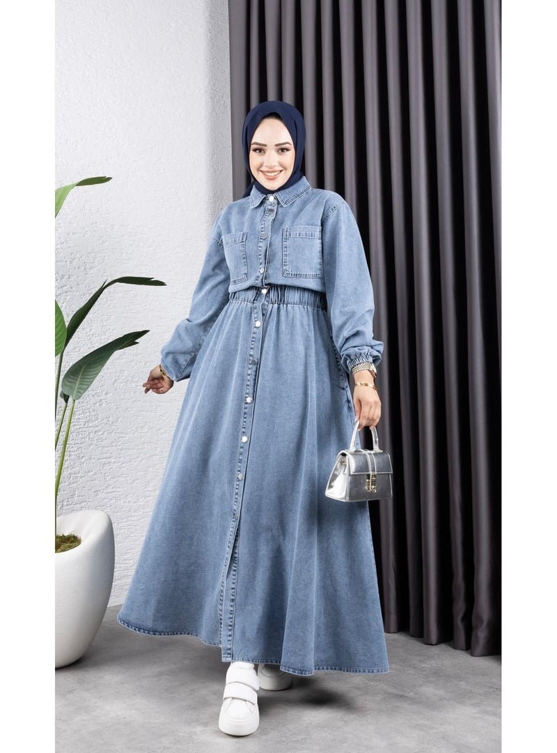 Harmatime butik Belden Lastikli Cep Detaylı Kot Elbise