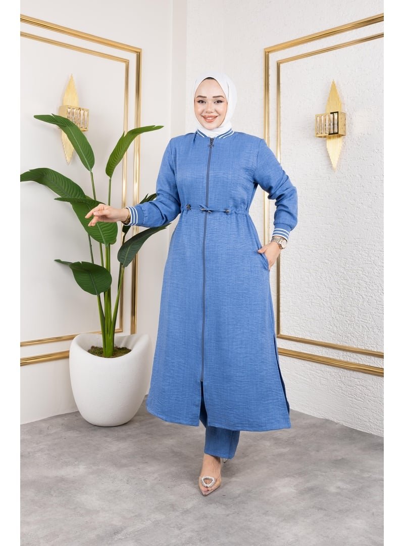 Harmatime butik Mavi Ribanalı Fermuarlı Keten İkili Takım