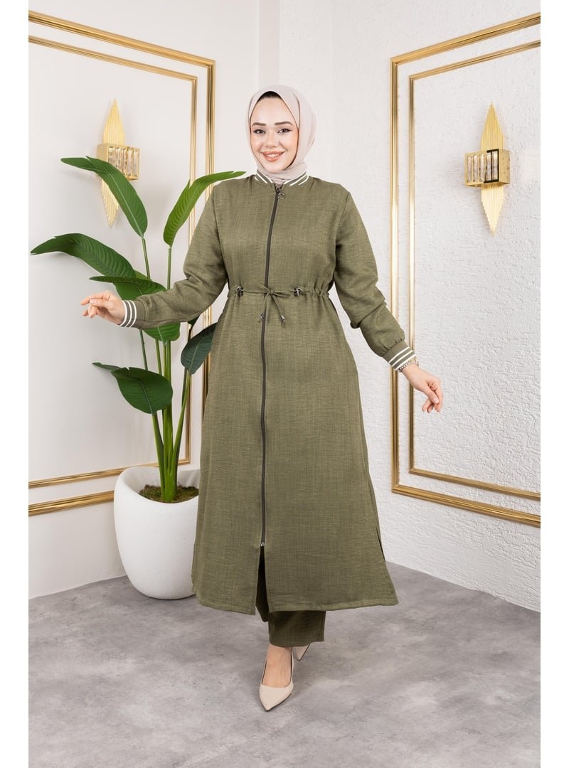 Harmatime butik Haki Ribanalı Fermuarlı Keten İkili Takım