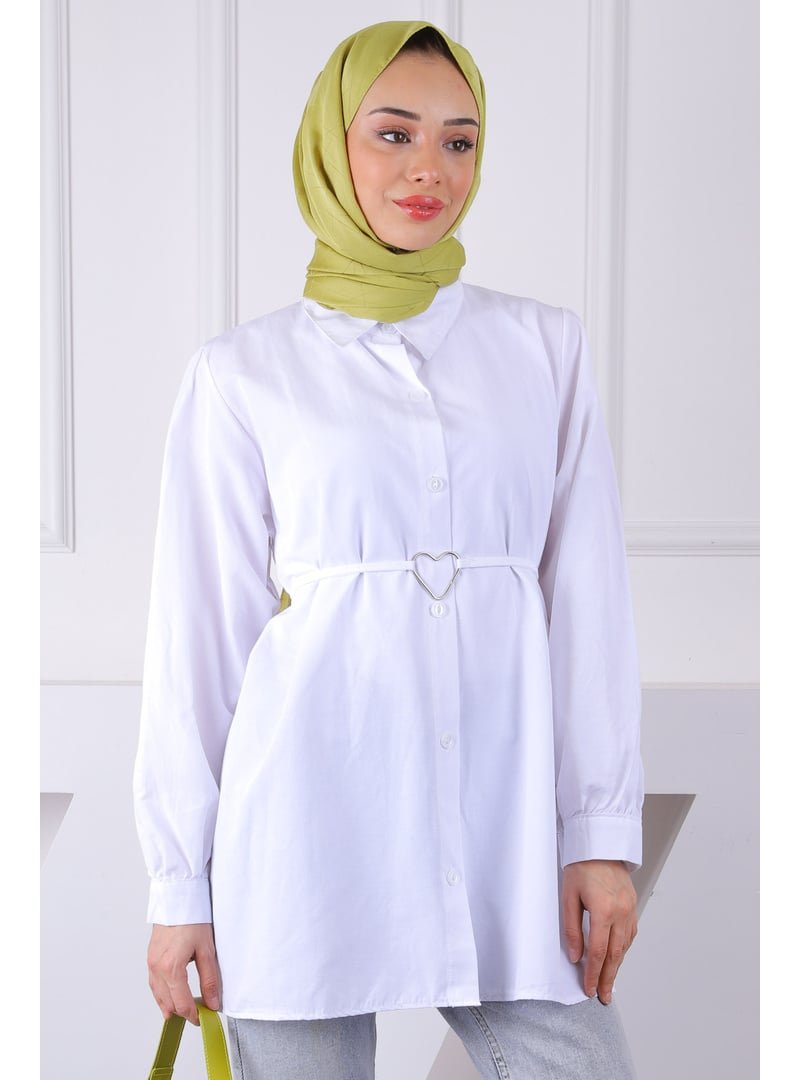 İmaj Butik Beyaz Kuşaklı Düğmeli Tunik
