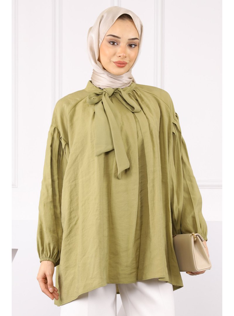İmaj Butik Haki Yaka Detaylı Balon Kol Tunik