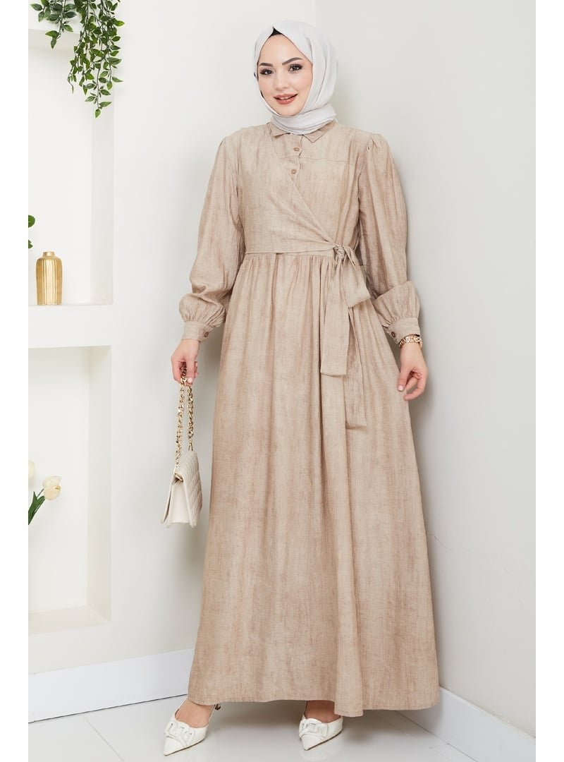 InStyle Çapraz Bağlamalı Bej Elbise