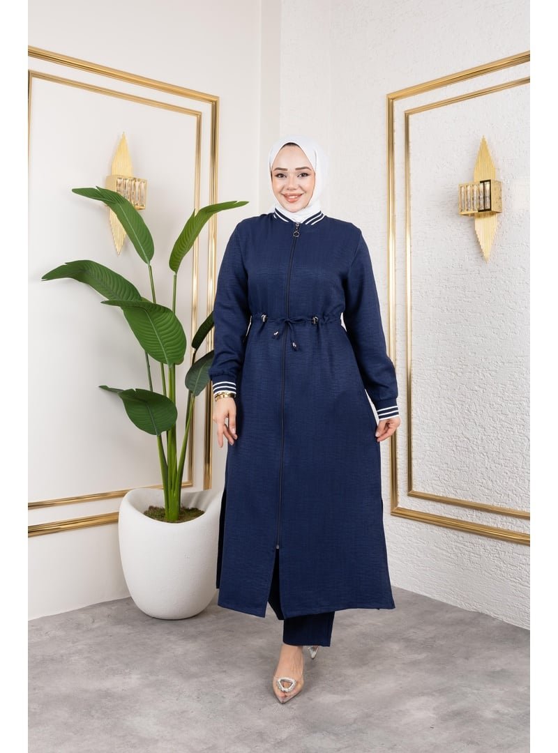 Harmatime butik Ribanalı Fermuarlı Lacivert Keten İkili Takım