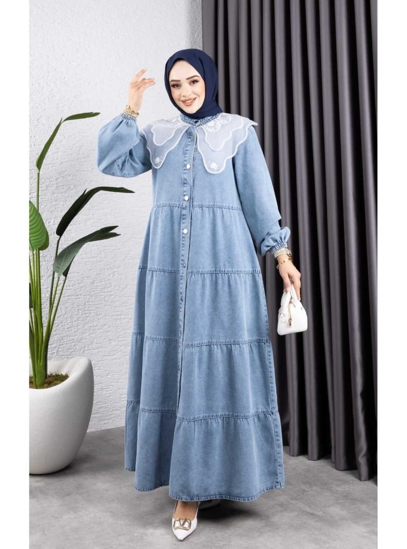 Harmatime butik Düğmeli Dantel Yaka Kot Elbise