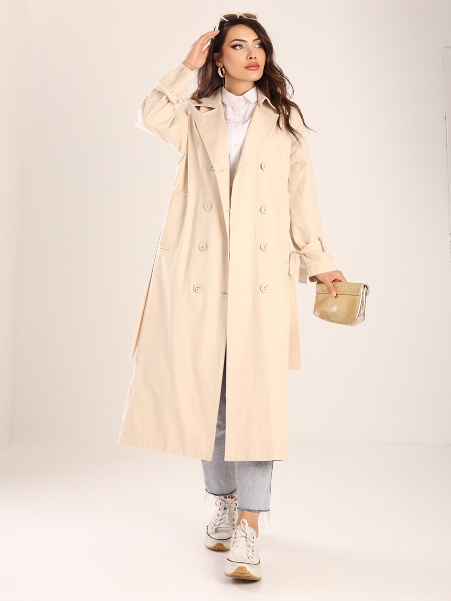 Sahra Afra Krem Tasarım Kadın Oversize Trençkot
