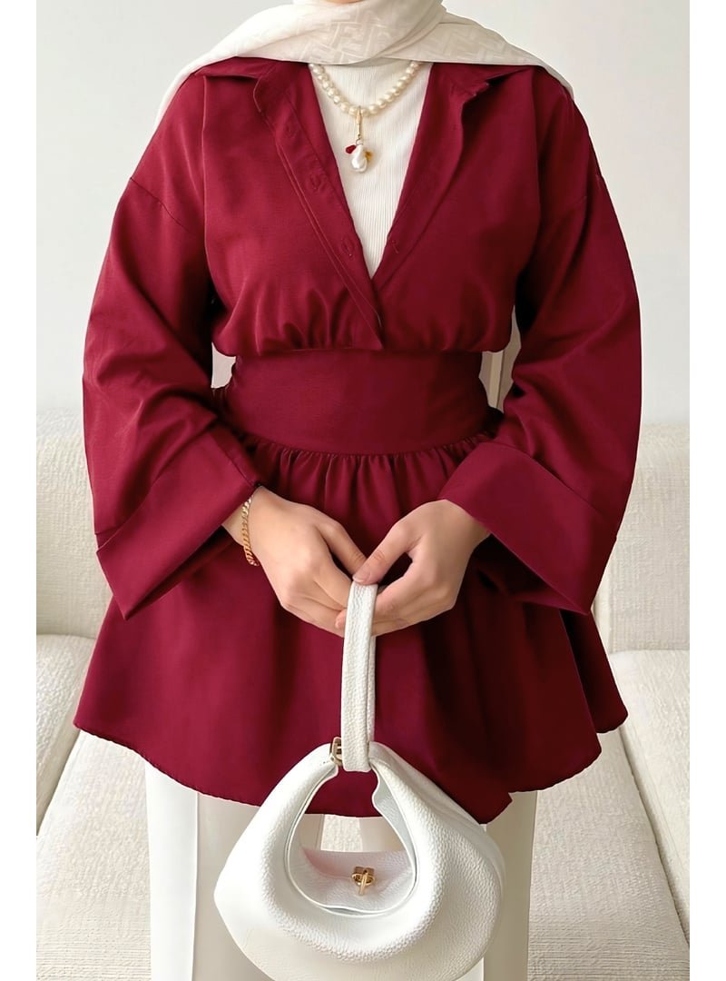 Salih Çelebi Bordo Kimono Kol Fiyonklu Tunik