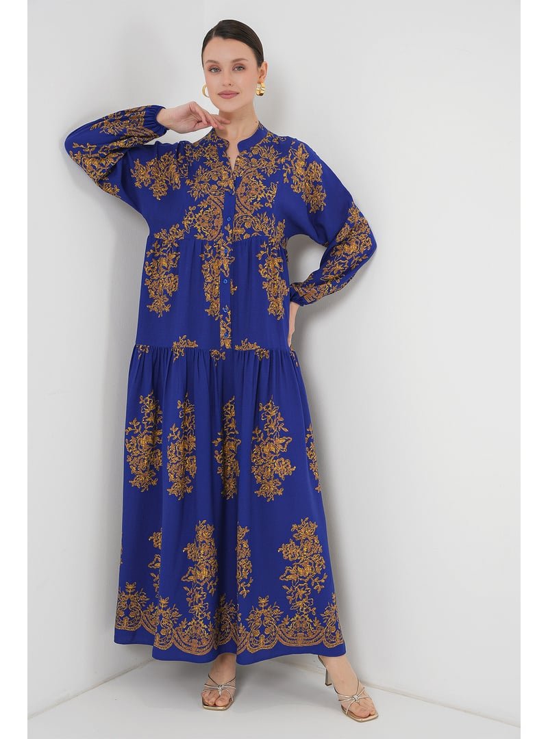 Bigdart Mor Saks Gold Desenli Elbise C.