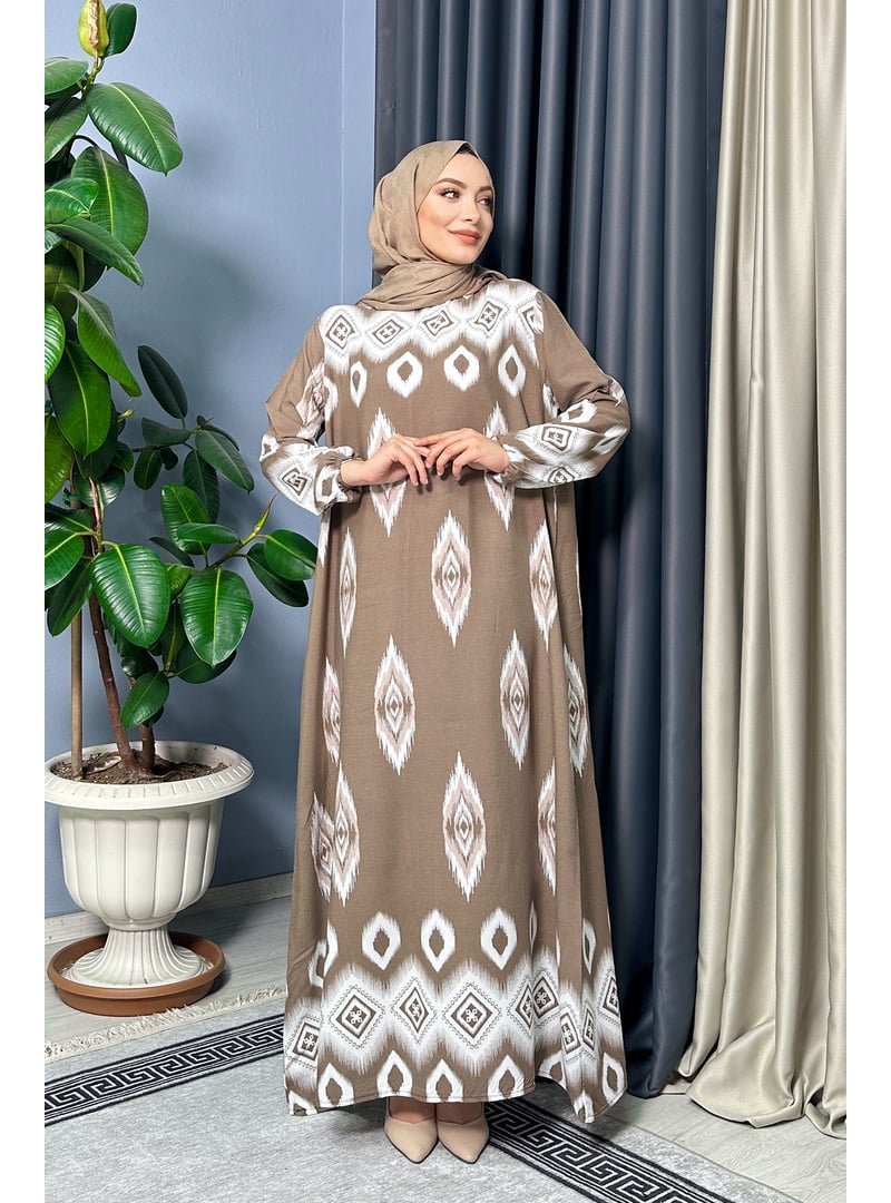 Liz Butik Kahverengi Dubai Desenli Elbise