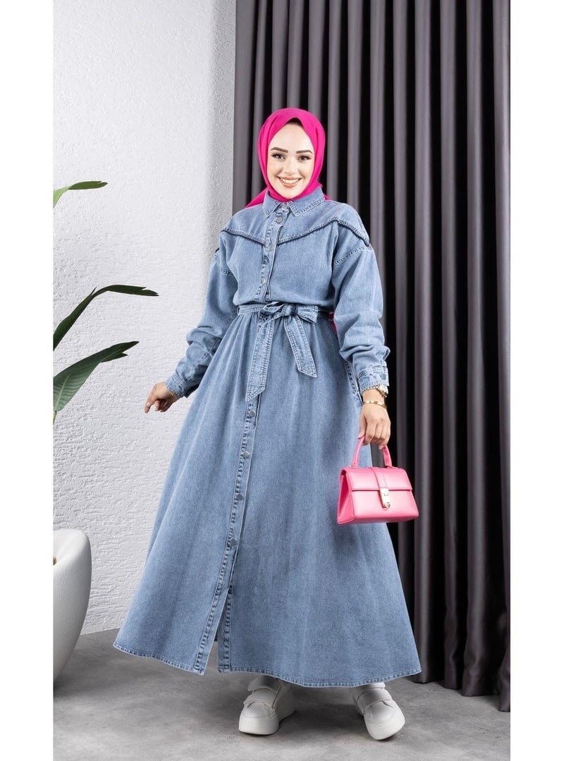 Harmatime butik Düğmeli Kuşaklı Kot Elbise