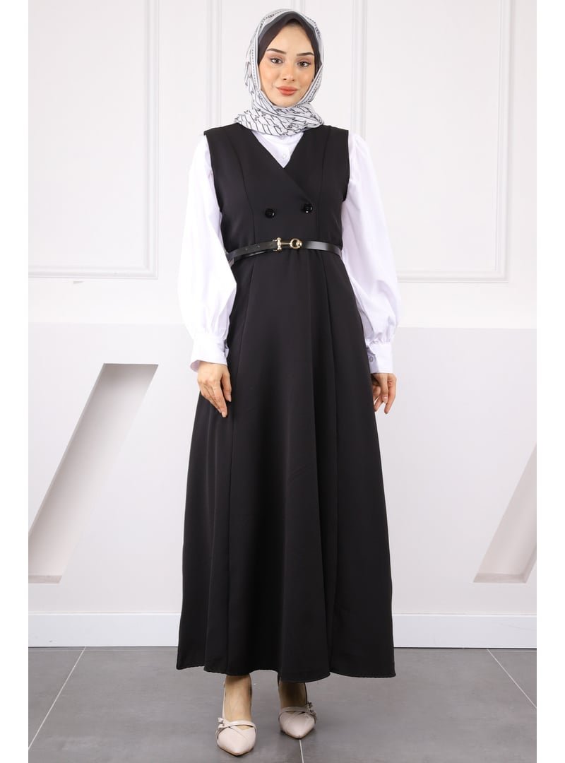 İmaj Butik Siyah Önü Düğmeli Kemerli Jile Elbise