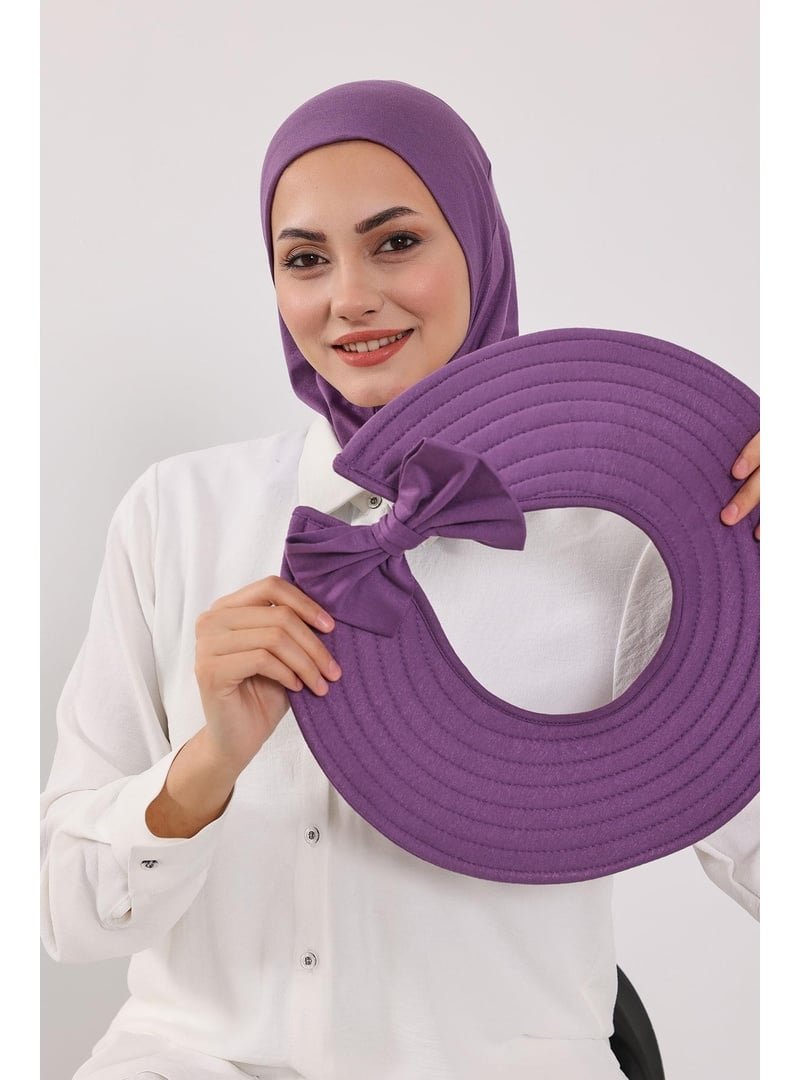 Aisha`s Design Mor Türban Üzeri Penye Pratik Tak Çık Fiyonklu Şapka,sp 4,sp