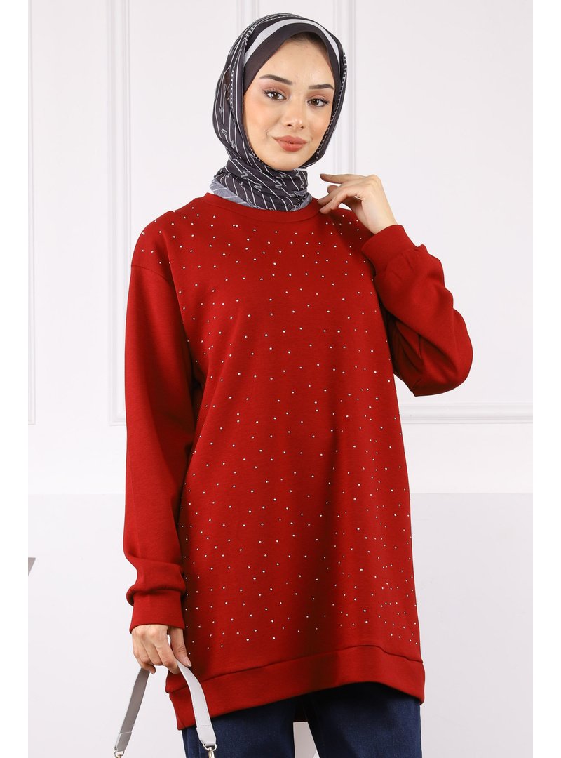 İmaj Butik Bordo Bisiklet Yaka Taşlı Modal Tunik