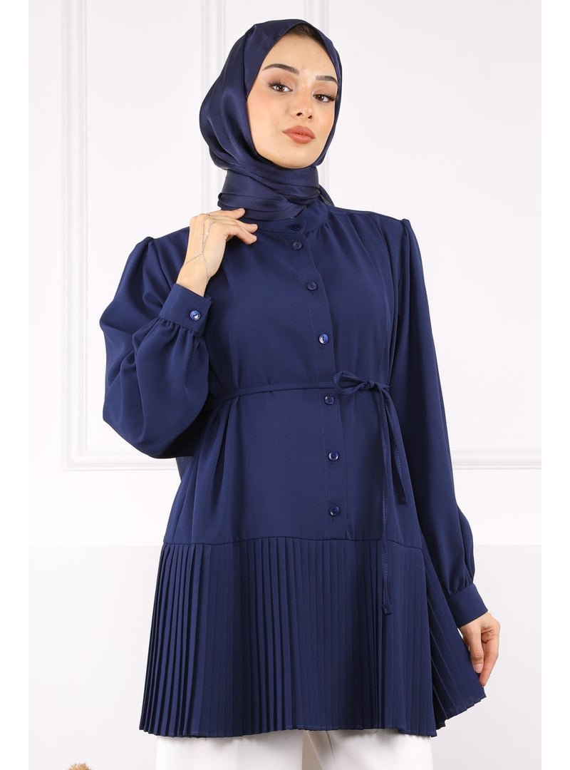 İmaj Butik Lacivert Eteği Piliseli Bel Kuşaklı Tunik