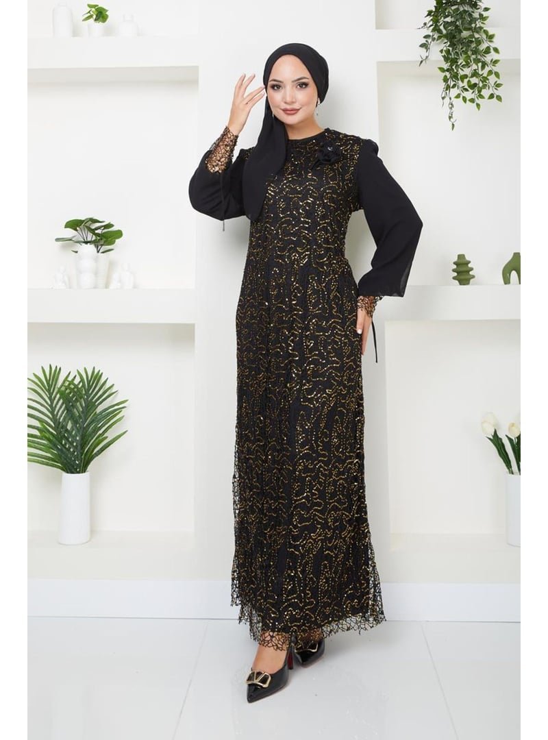 AYŞE MELEK TASARIM Gold Giyim Moda File Pullu Güllü Abiye Elbise Siyah