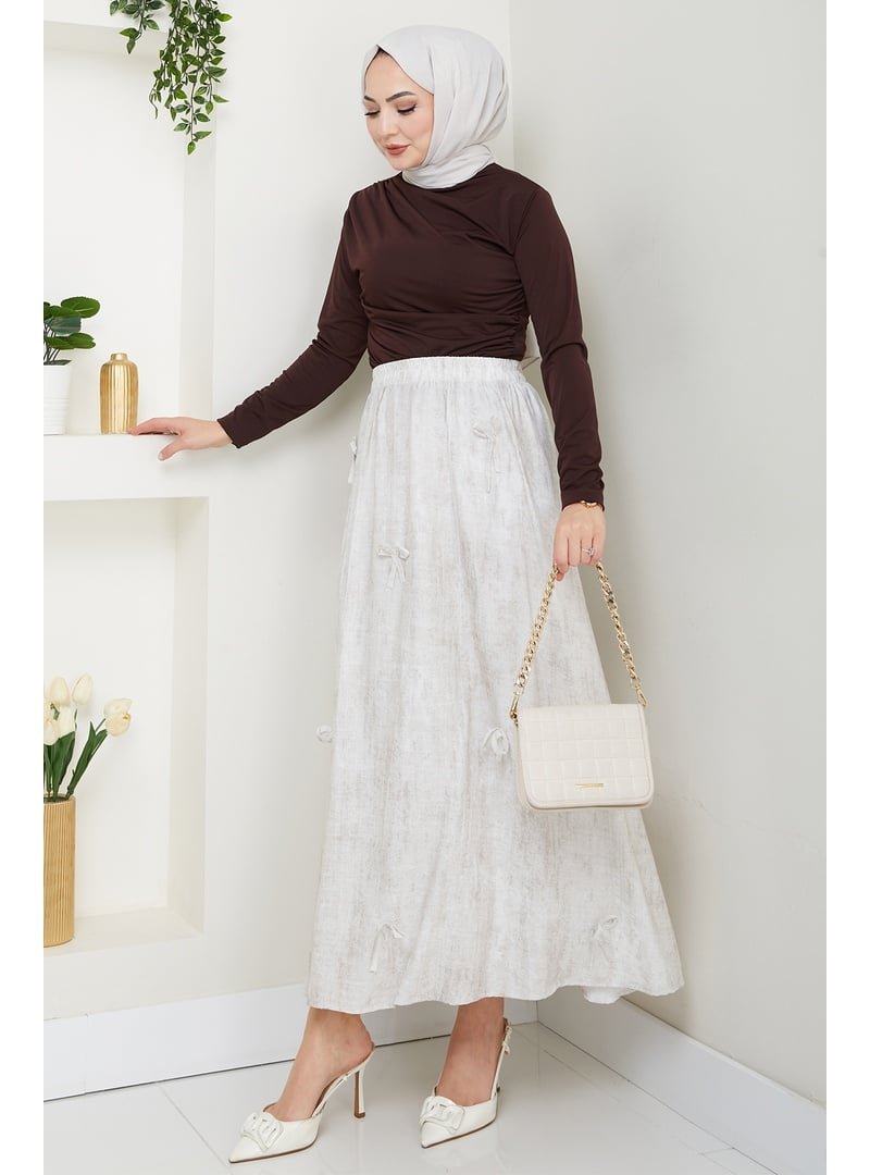 InStyle Fiyonk Detay Beli Lastikli Ekru Etek